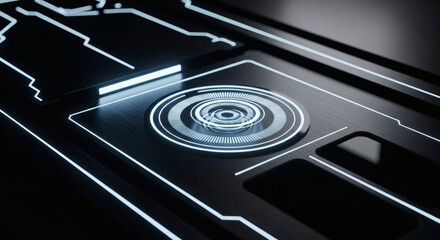 Abstract digital network with glowing blue circuit lines and a central interactive data interface, symbolizing advanced technology and interconnected processing