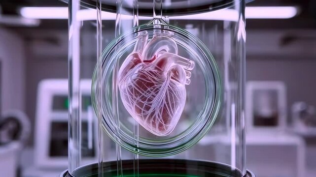 suspended human heart inside biolab chamber undergoing preservation bioengineer adjusts perfusion pump, surgeon reviews viability metrics, scientist records cryogenic parameters in sterile