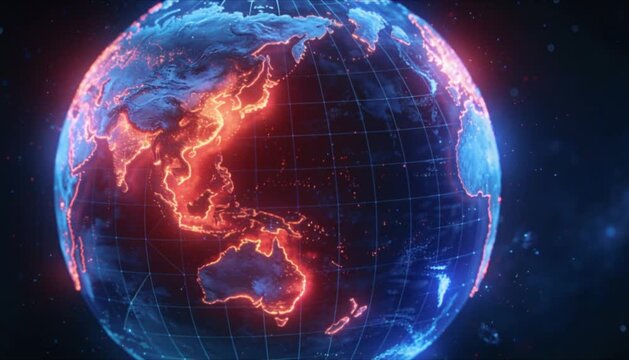 Futuristic animated global temperature map with expanding luminous heat zones for world meteorological day and global warming data visualization