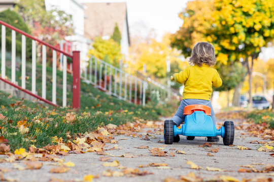 Child Riding Toy Tricycle on Autumn Sidewak

