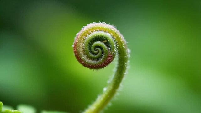 Macro Close Up Of A Young Green Fiddlehead Fern Frond Spiral