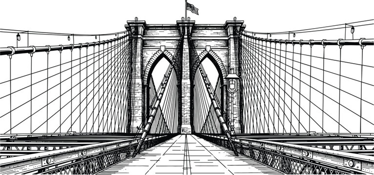 Black and white woodcut style illustration of the Brooklyn Bridge featuring the iconic stone arches, suspension cables, and the American flag