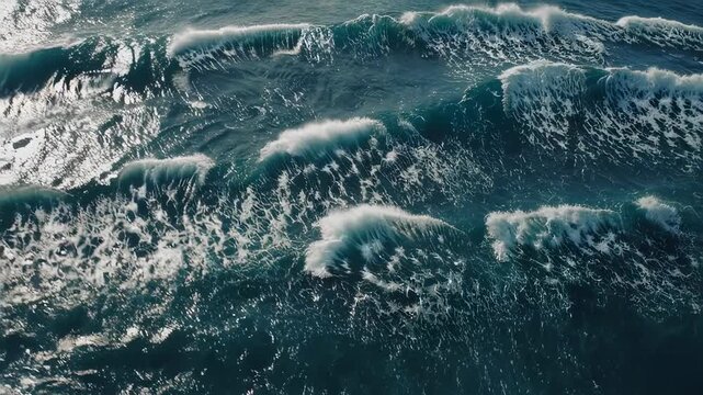 Aerial view of a churning ocean with white-capped waves