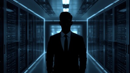 Fototapeta premium Generative AI Envisioning a Mysterious Data Center with Silhouetted Figure.