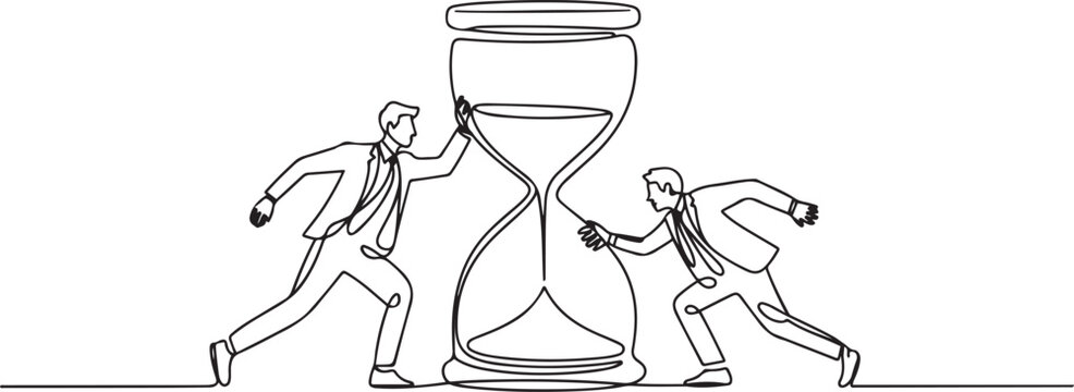 continuous line drawing of Businessmen working on the hourglass compete. one line art icon drawing vector