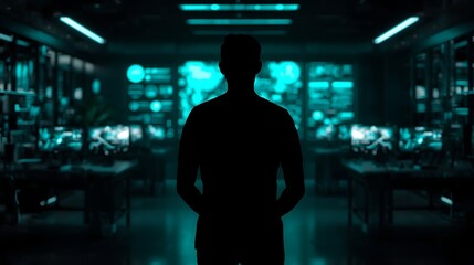 Fototapeta premium Generative AI futuristic cybersecurity analyst in dark data center scene.