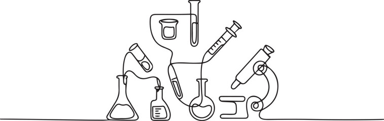 Obraz premium One continuous line drawing of Chemistry and physics laboratory equipment concept. one line art icon drawing vector