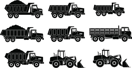 Dump truck and construction loader silhouettes heavy equipment industrial transport vector illustration isolated collection set © Its me...