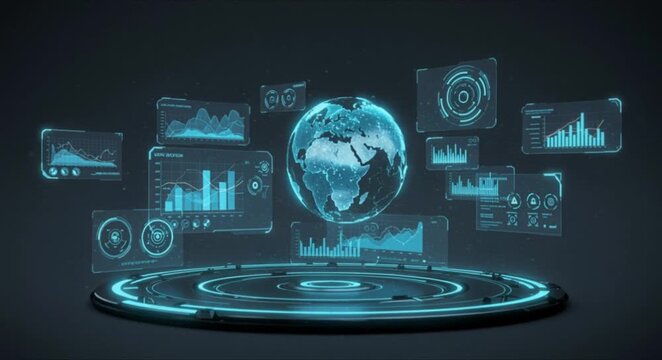 High tech climate monitoring system with floating holographic data panels for world meteorological day and digital weather science innovation