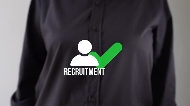 Businessperson pointing to an animated icon of a person avatar, a checkmark, and the word "Recruitment." Finding the right staff.