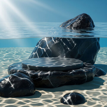 Obsidian rock podium in clear blue water with light caustics