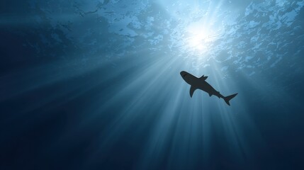 Obraz premium Majestic Shark Gliding Through Sunlit Waters in Deep Ocean with Beautiful Sunbeams and Blue Water Background