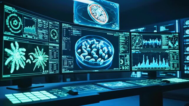 multimonitor research dashboard displaying microbes, cell imagery and brain analytics with realtime charts and control panels across curved screens, dark lab environment emphasizing data