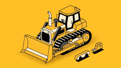 Heavy-duty yellow bulldozer with tracks and blade for construction work. © Ndog
