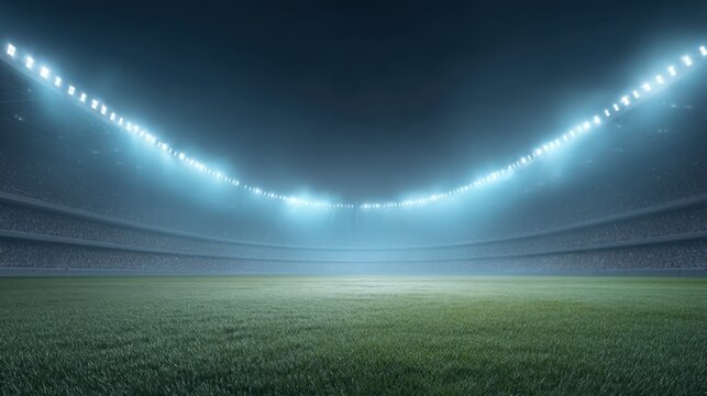 Vast empty stadium with bright lights illuminating the field under a dark sky, showcasing the anticipation of an upcoming sports event or concert