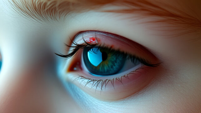 Chalazion on the eyelid of girl macro. Demodicosis mite diseas, demodex. Eye of girl with stye close-up.