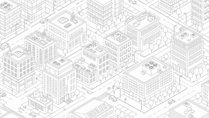 Isometric city buildings and streets in a detailed line art style. © Ndog