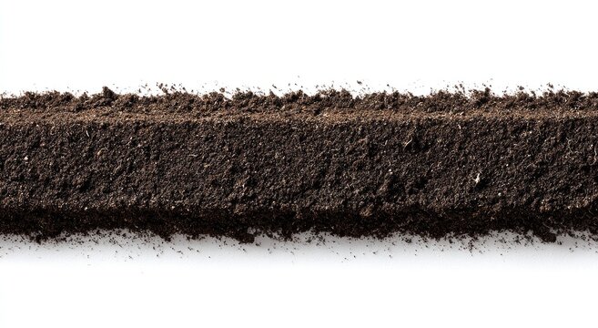 A close-up, horizontal view of rich, dark earth against a stark white backdrop