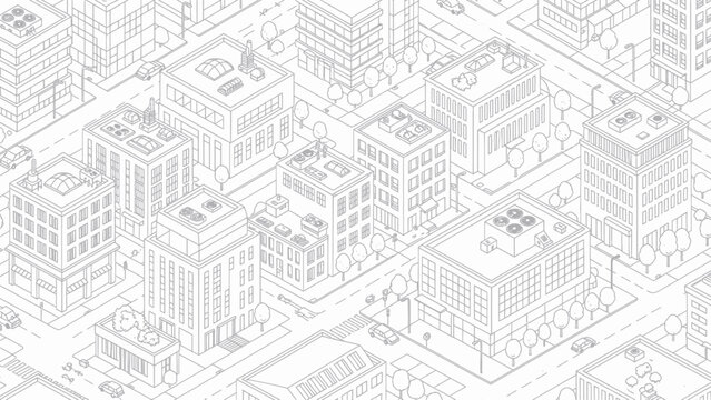 Isometric city buildings and streets in a detailed line art style.