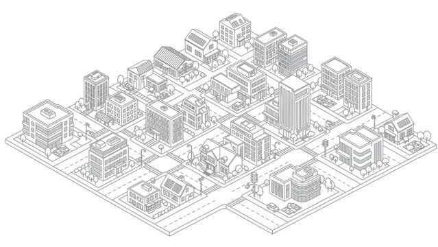 Isometric Cityscape Illustration with Detailed Buildings and Streets.