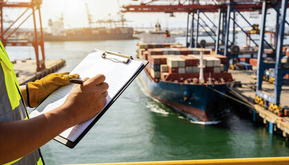 Obraz premium A port worker in safety attire is writing on a clipboard with a large container ship and cranes in the background under sunlight, overseeing maritime operations.