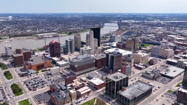 Toledo modern city skyline aerial view at Maumee River, including Promenade Park, Promedica headquarter, PNC Bank Building and Tower of the Maumee, city of Toledo, Ohio OH, USA. 