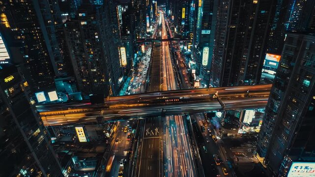 Aerial view of a bustling city highway at night, with light trails