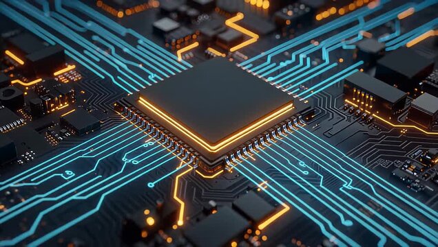 Advanced Microchip Circuit Board with Glowing Neon Connections and Pulsating Data Flow, Symbolizing High-Tech Innovation and Digital Processing, representing cutting-edge technology