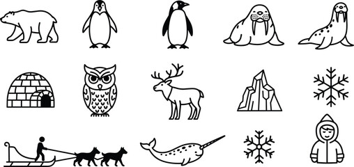 Arctic animals and symbols silhouette icons, polar bear, penguin, walrus, igloo, reindeer, mountain, snowflake, dog sled, narwhal illustration © Rekha