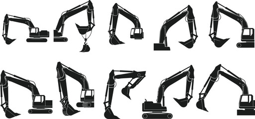 Black silhouette excavator illustrations, construction machinery, heavy equipment vector art, digging positions, lifting arm, earthmoving machine, industrial design, stock image © Rekha