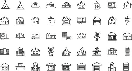 Building icons collection, teepee, igloo, barn, house, trailer, windmill, church, school, apartment, garage, architectural silhouettes, vector illustration © Rekha