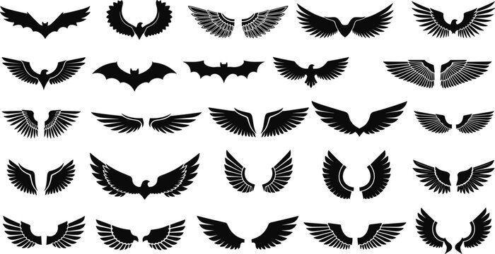 Black wings silhouettes collection, vector set of bird bat angel spread wing icons isolated on white background