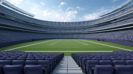 Obraz premium Spacious Stadium Interior with Clear Blue Sky, Empty Seats, and Well-Maintained Football Field Ready for Game Day Celebration and Excitement