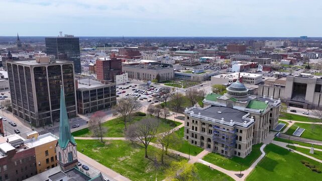 Lucas County Courthouse and Lucas County Public Library aerial view at 700 Adams Street in downtown Toledo, Ohio OH, USA. 