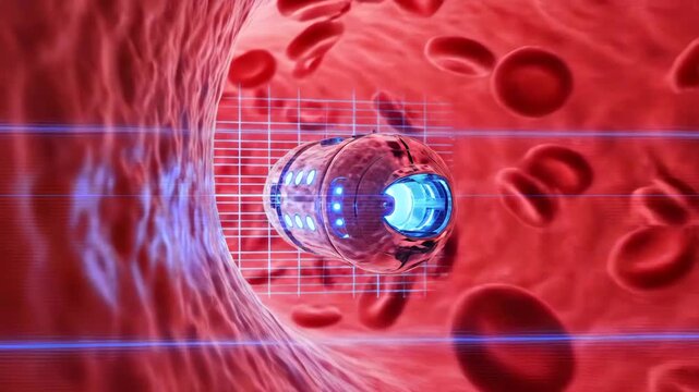 blood vessel interior with capsule nanorobot propelling past red cells, blue thrusters and laser guidance trace navigation path, microsurgeon simulation demonstrates targeted delivery