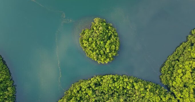 Solomon Islands lush green tropical isles surrounded by tranquil turquoise ocean and reefs, highlighting remote, pristine, untouched natural beauty. High aerial drone view zoom in shot