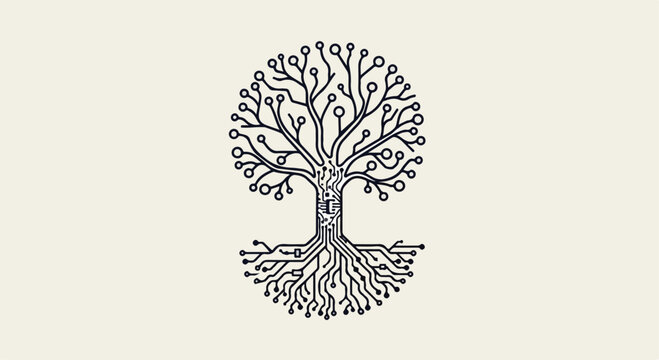 Digital Circuit Tree Illustration with Roots and Branches as Electronic Circuit Board Pattern