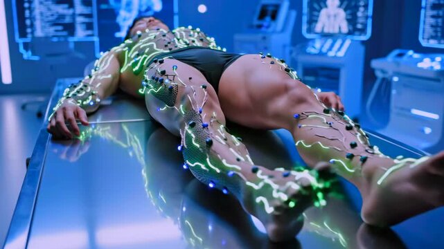 man undergoing full body sensor mapping on metallic table electrodes attached along limbs and torso neon green energy traces research lab screens displaying biometrics focus on muscle