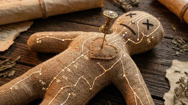 Voodoo doll with pins and markings wooden table, surrounded by herbs and scrolls, evokes mystery