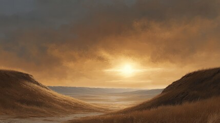 Serenity at Dusk in a Golden Valley with Soft Sunlight Breaking Through Dramatic Clouds and Illuminating the Grasslands Below on a Calm Evening