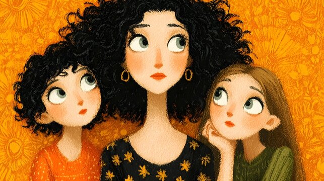 ic illust n of a mother and two daughters with expressive eyes looking up thoughtfully  Stylized characters against a vibrant orange textured floral background