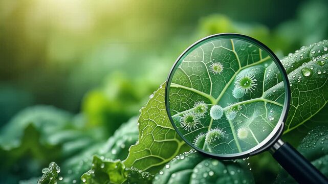 Detailed magnifying glass examination of vibrant green leaves with dew drops and microscopic organisms, showcasing intricate textures and natural beauty