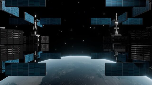 Futuristic Data Center in Space Orbiting Earth for AI Infrastructure, Global Cloud Computing, 3d rendering
