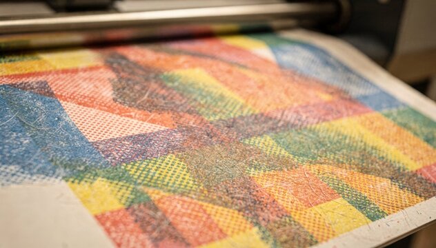 Closeup medium shot of multipass risograph layers building colorful zine pages emphasizing textured paper surface with the duplicator softly out of focus.