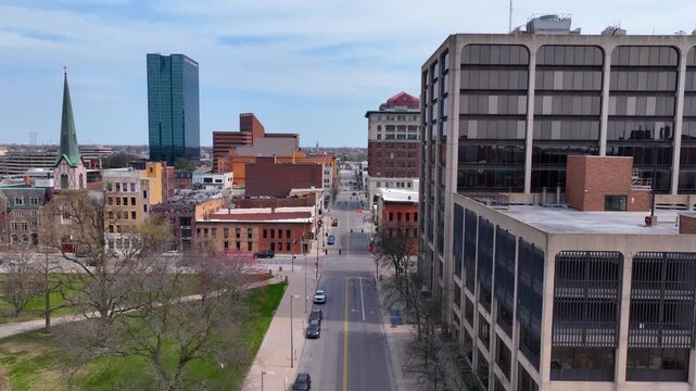 Toledo downtown modern buildings aerial view on Adams Street including Lucas County Prosecutor Civil building at 711 Adams Street in downtown Toledo, Ohio OH, USA. 