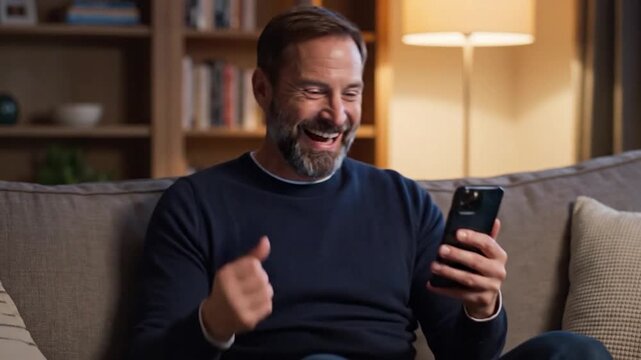 Excited middle-aged man celebrates good news on his smartphone.