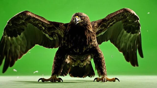 Full body studio shot of an animal assuming a defensive stance on a flat professional studio floor with a bright chroma green screen background
