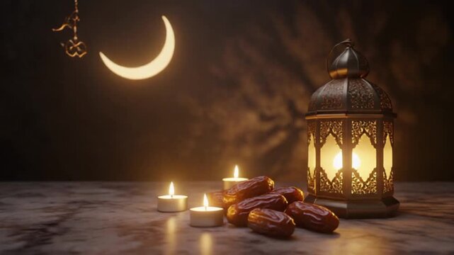 Ramadan lantern with dates and candles.