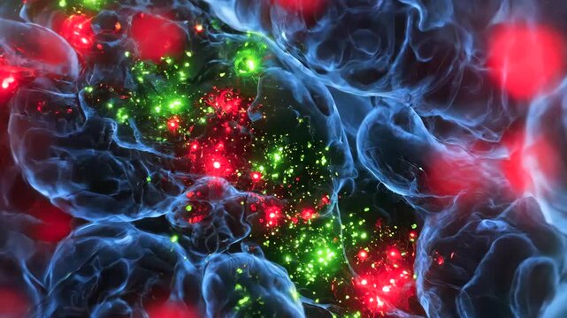 xray heart with fluorescent inflammatory foci, translucent myocardium revealing red and green molecular markers clustered in inflamed region, intricate vascular network and tracer uptake