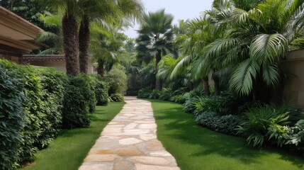 Obraz premium Serene Garden Pathway Surrounded by Lush Greenery and Palm Trees in a Tranquil Outdoor Setting for Relaxation and Nature Walks